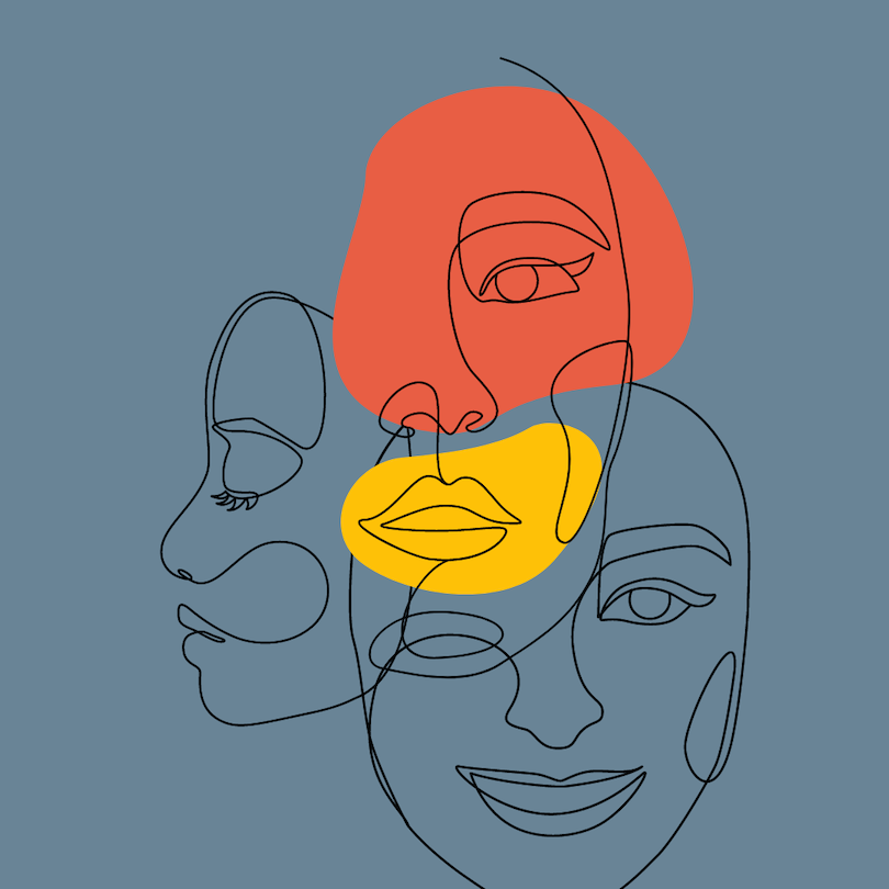 An illustration of a face with an orange, yellow, and blue background