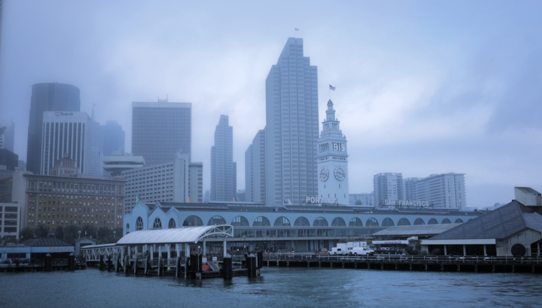 The port of San Francisco with fog as viewed from the ocean