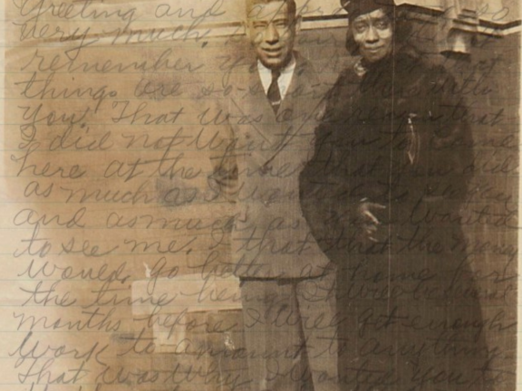 Show poster with two people standing together with a love letter superimposed over them