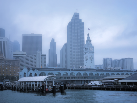 The port of San Francisco with fog as viewed from the ocean