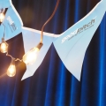 stringed pennants hanging behind a string of light bulbs