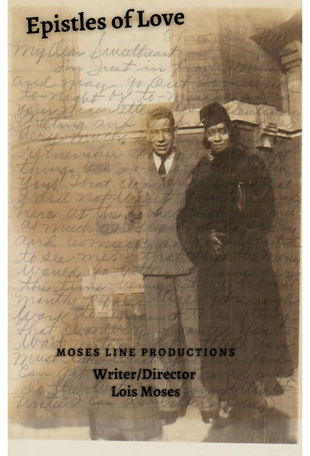 Show poster with two people standing together with a love letter superimposed over them