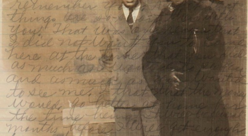 Show poster with two people standing together with a love letter superimposed over them