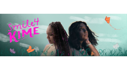 Two people with their backs to each other on a banner with SMILE 4 KIME on the left side